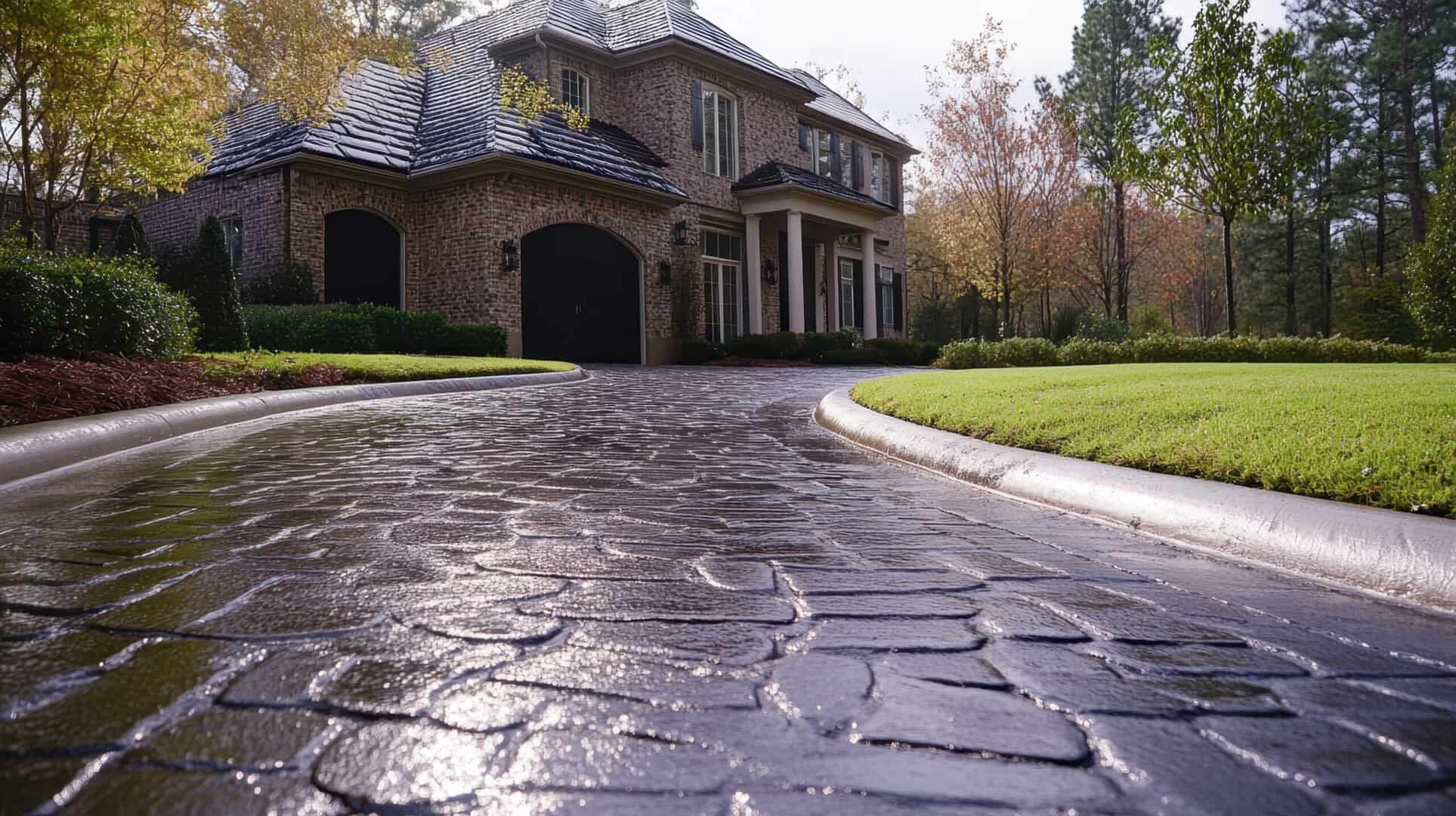 Dark cobblestone driveway leading to a luxurious brick house. Perfect for real estate, architecture, and landscaping websites.