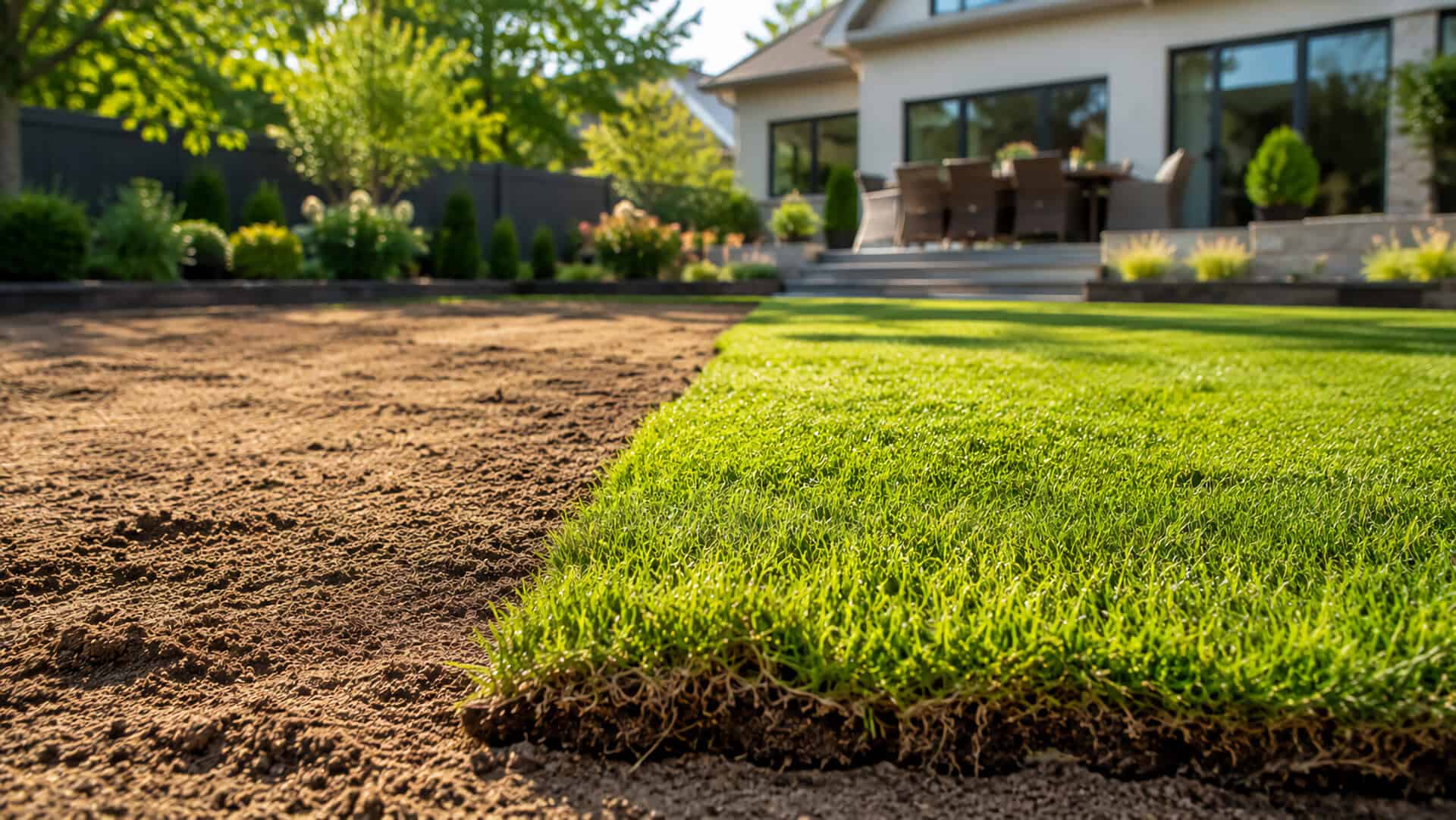 New lawn turf being laid over prepared garden soil