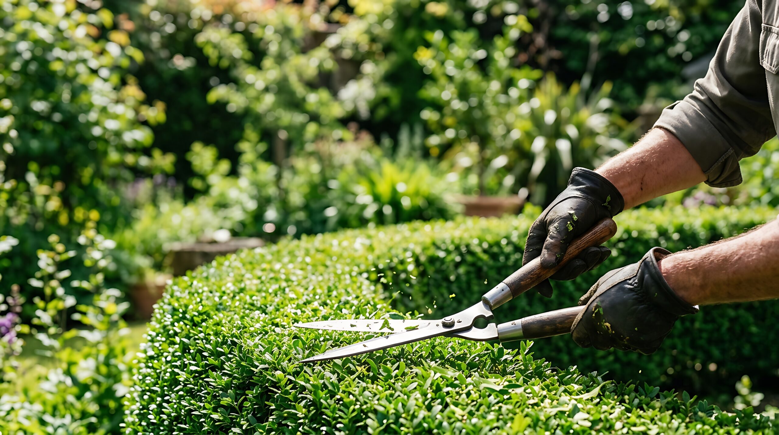 Garden hedge being carefully trimmed with manual hedge shears