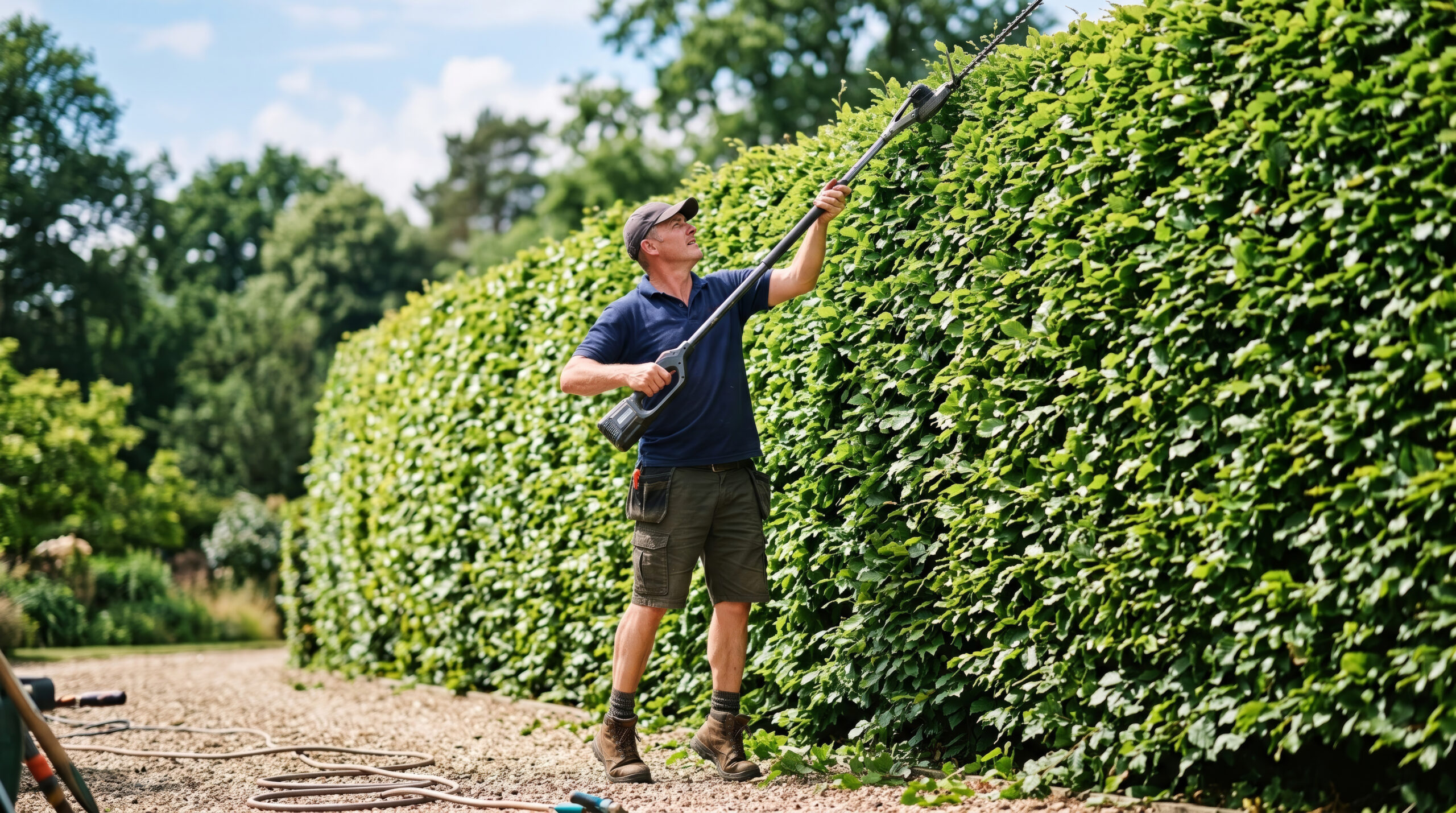 Tall garden hedge being trimmed with a long-reach hedge trimmer